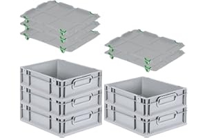 PROREGAL SparSet 5x Eurobox NextGen Grip mit Auflagedeckel & 4 grünen Schiebeschnappverschlüssen, HxBxT 12x30x40cm, 11 L, Grau, Griffe geschlossen, Eurobehälter, Transportbox