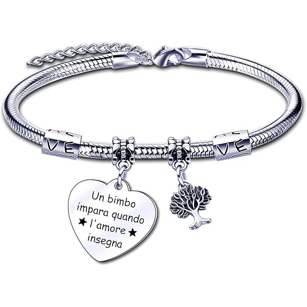 BRACCIALE IN ACCIAIO CON CUORE UN BIMBO IMPARA QUANDO L'AMORE INSEGNA
