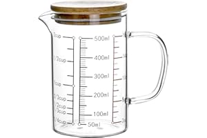 QWORK® 500ml Borosilicate Glass Measuring Cup Multi Scales with Bamboo Lid, Heat Cold Resistant Microwave Safe for Baking