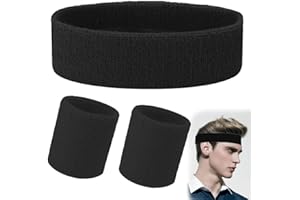 FENQURO 3 Piezas Muñequera Set Muñequeras Deportivas para Hombre y Mujer Diademas Deportivas Muñequeras Absorbentes para Gimnasio Pulsera de Algodón Colorida Banda de Sudor（negro）