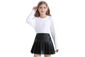 Valcatch Filles Jupe en Cuir Plissé Enfants Casual Brillant Plissé Stretch Taille Jupes Patineur pour 3-12 Ans