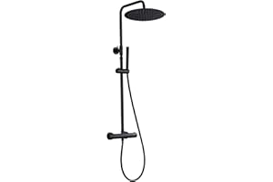 JOHO 304 Acero INOX Columna Ducha Negro de Hidromasaje con Grifo Columnas de Baño Monomando Termostaticas Altura Adjustable con Ducha Mano y Cabezal Lluvia en INOX D30cm