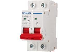 Wengart Miniature Circuit Breaker DZ47-63Z,DC Disconnect Switch,500V 63A 2 Poles,DIN Rail Mount,Work for Battery and Solar PV Systems and other DC Systems
