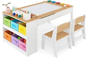 ‎DREAMADE DREAMADE 3 in 1 Kindertisch mit 2 Stühlen aus Holz, Kinder Maltisch mit kippbarer Tischplatte & 6 Stoffboxen & Papierrolle, Kindersitzgruppe mit Stauraum für Kinderzimmer (Natur,mit 2 Ablagen)