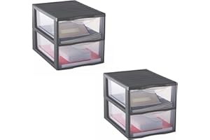 SUNDIS Orgamix, lot de 2 tours de rangement en plastique gris, 2 tiroirs transparents format papier A4, hauteur 25,5 cm, superposables, idéales rangement bureau, cours, documents, fournitures
