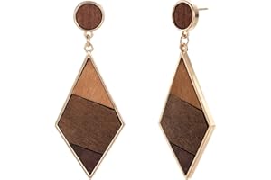 Emibele Wooden Earrings for Women, Dangle Earrings with Geometry Design, Trendy Drop Earrings with Gold Trim for Party & Dating, Coffee