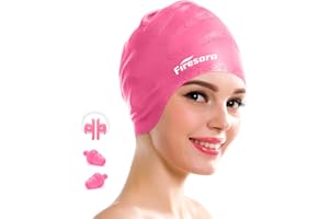 Firesara Silicone Bonnet de bain avec poches d'oreille pour Cheveux longs, unisexe imperméable en caoutchouc Swim Chapeaux Gardez Long Short épais cheveux bouclés sec Comprend 2 Earplugs 1 pince-nez pour les dames Hommes Adultes Enfants