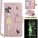 Produktbild Samsung Galaxy J7 Prime Luminous Leder Wallet Tasche Brieftasche Schutzhülle,Fanryn Schönes Mädchen und Katzen Muster Nacht Leuchtende Design Hochwertige PU Leder Flip Tasche Case Hülle im Bookstyle mit Standfunktion Kredit Kartenfächer für Samsung Galaxy J7 Prime (Rose Gold)