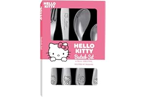p:os 33126 Juego de 4 Cubiertos Infantiles con diseño de Hello Kitty, Acero Inoxidable, Apto para lavavajillas, Compuesto por Cuchillo, Tenedor y Cuchara Grande y pequeña