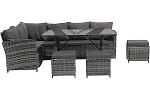 COZYBRITE Garden Corner Sofa Rattan Furniture Set 9 Seater Patio Outdoor Lounge Settee with Glass Dining Table All-weather SFS019 (Mixed Grey with Dark Cushions)