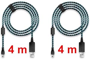 LIONCAST 2X Cable de Carga del Controlador para Xbox One y PS4, 4 Metros con protección de Cubierta Textil y Correa Organizador de Cable, Micro USB 2.0 - Azul y Negro