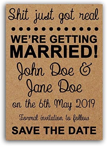 Pack of 25 Personalised Brown Kraft Shit Just Got Real A6 Funny Unique Save The Date Cards With or Without Envelopes Marriage Wedding Nuptials
