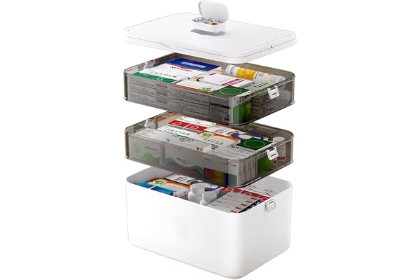 Junrvivy Förvaringslåda för mediciner med 3 hyllor, medicinerförvaring, förvaring med lock, nödsituationslåda för familjer, medicinsk låda med bärhandtag, 31 × 16,5 × 25,5 cm