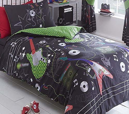 Kidz Club réversible Motif Guitare Rock Housse de Couette et 2 Taie d'oreiller Parure de lit pour Adolescents, Noir, Double