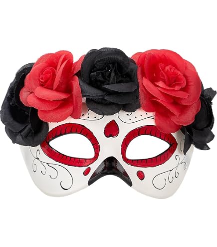 Antifaz De Catrina Con Rosa Roja Y Detalles Negros – Perfecto Para Día De Muertos Y Halloween