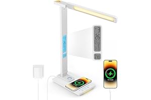LAOPAO LED Desk Lamp with Wireless Charger - USB Charging Port, Touch Sliding Dimmable Auto Timer Table Lamp with Night Light, Desk Lights with Clock for Study Reading Home Office （White）