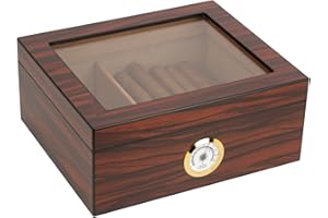 Eitida Zigarren Humidore für 25–50 Zigarren, Display aus gehärtetem Glas, handgefertigte Aufbewahrungsbox aus spanischem Zedernholz mit Trennwand, Luftbefeuchter und Hygrometer, Makassarbraun