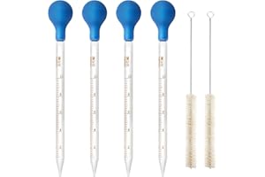 NOKWOCY Pipeta szklana 10 ml, 4 sztuki szklanych pipet, pipeta transferowa, 10 ml, pipeta z miarką, duża pipeta z gumową kulką do pipety, 4 x szczotka do czyszczenia x 2