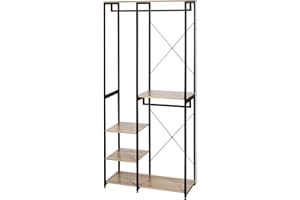 eSituro Perchero de Pie Perchero con Banqueta Almacenaje Multiusos de Entrada con 4 Estantes para Ropa Zapatos, Bolsos, Madera+Metal Negro SGR0023