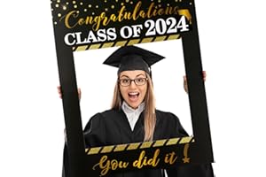 POPGIFTU 2024 Large Size Graduation Selfie Photo Frame, Black and Gold Glitter, Graduation Photo Booth Props, Class of 2024 for Graduation Party Favors Supplies Decorations