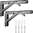 2 Pcs Folding Shelf Brackets, Heavy Duty Collapsible Shelf Bracket Wall Mounted, Metal Foldable L Right Angle Shelves Supporter Triangle Brackets for Bench Table Shelf, Black