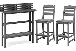 TANGZON Outdoor Bar Set, All-Weather HDPE Patio Bar Table and Stools Set with Slatted Design & Storage Shelf, 3 Pieces Slatted Garden Furniture Set for Balcony Poolside Yard (Table+2 Chairs)