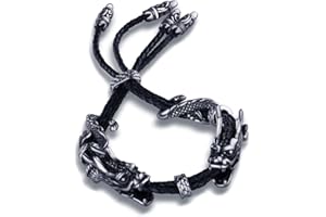 Yumilok Męskie smok bransoletki ze stali nierdzewnej plecione skórzane bransoletki punk rycerz motocyklista bransoletka regulowana opaska na nadgarstek (czarny srebrny)