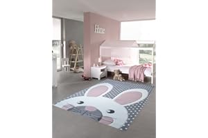 ‎CARPETIA Kinderteppich Spielteppich Teppich Kinderzimmer Babyteppich Hase in Creme Grau rosa Größe 160x230 cm