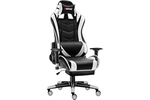JL Comfurni Gaming Chair Executive Office Chair Reclining High-Back Ergonomic PU Leather Desk Chair Racing Swivel Computer Chair with Adjustable Headrest and Lumbar Support (Black&White)