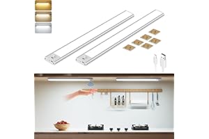 LOUBOUT Reglette Led Cuisine 30cm, 56 LED 2 pièces Led Sans Fil, 3 Couleurs Temps & Dimmable Lampe de Placard, 2200mAh USB-C Rechargeable Led Cuisine Sous Meuble Veilleuse pour Armoire, Escalier
