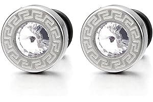 COOLSTEELANDBEYOND Modelo Dominante Griego Pendientes de Hombre, Aretes, Acero Inoxidable, con Circonita, Cierre Tornillo, 2 Piezas