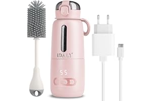 IDALY Chauffe Biberon Nomade Sans Fil - Chauffe Lait/Eau Portable Pour Voyage, Voiture-Charge USB, Capacité 300ml-Température Réglable 37 à 55°C + Maintien-Cadeau Naissance Nouveau Né, Fille, Garcon (ROSE)