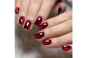 NLFOX Red Square Cat Eye False Nails - 32PCS Short With Glue - Glossy Full Cover Long Lasting Stick on Nails - Removable DIY Nail Art Gifts for Women Girls