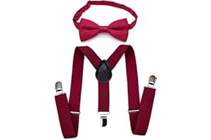 JZK Conjunto pajarita y tirantes rojo vino para niños menos 135 cm, ajustable con clip forma Y tirantes con pajarita rojo oscuro para infantil pequeños, para bodas, fiestas