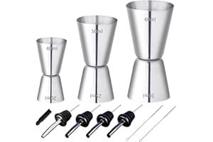 RUIJIE 3 Stück Cocktail Messbecher Edelstahl Barmaß 4cl/5cl/6cl Klein Jigger mit Innenskalierung Dual Gin Measuring Cups mit 4 Flaschenausgießer & 2 Bürste Doppelmaß für Bar Party Wein Drink Shaker