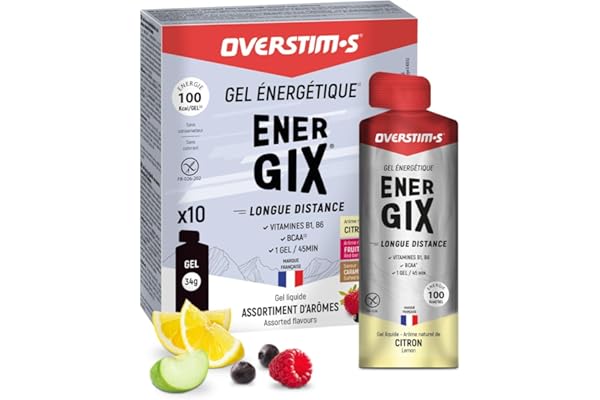Overstim.s - Gel Energix (10 sachets) - Gel énergétique pour le sport - Energie longue durée (Glucose+Fructose+Maltodextrines) - BCAA - 100 kcal/gel - Assortiment (Citron, Fruits rouges, Caramel salé)
