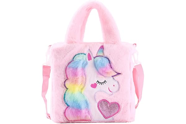 Hifot Licorne Peluche sac à main Enfant, Mignon Sac Bandouliere avec Sangle Amovible pour Filles Adolescentes Femmes