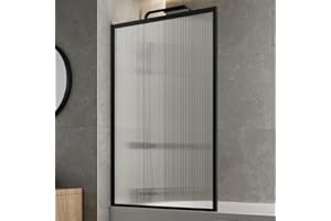 LUXURA® Matt Black Square Framed Fluted Over Bath Shower Screen 6mm Toughened Safety Glass Panels 800mm Bathroom Reversible Screen