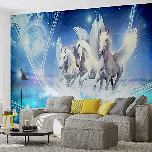 Geflügelte Pferde Pegasus Blau- Forwall – Fototapete – Tapete – Fotomural – Mural Wandbild – (588WM) – XXL – 312cm x 219cm – VLIES (EasyInstall) – 3 Pieces - 3
