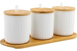heavenlife Porta Sale e Zucchero, 3 Pcs Sale e Zucchero Barattoli, Zuccheriera in Ceramica, da 300ml con Cucchiaio e Coperchio in Legno per Condimento, Formaggio