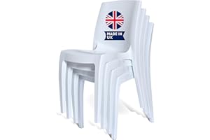 4 FRONT FURNITURE 4 x Chairs White Gloss, Stackable, Recyclable, Strong, Made in UK, Durable, Stylish, Comfortable, UV Resistant | Kitchen, Living, Dining, Office, Outdoor, Café, Restaurant, College, Hotel, Event