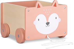 Navaris Cesta Portagiochi Bambini con Ruote - Contenitore Porta Giocattoli in Legno - Toys Box Rettangolare Giochi Bimbi 5,5l - Design Volpe