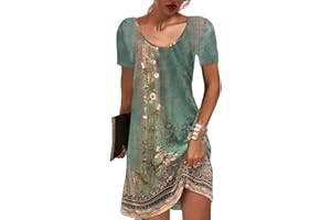 GRMLRPT Damska sukienka z krótkim rękawem i okrągłym dekoltem, w stylu boho, letnia sukienka, mini sukienka, nadruk kwiatowy, luźna tunika, sukienka na czas wolny (wielokolorowa, S)