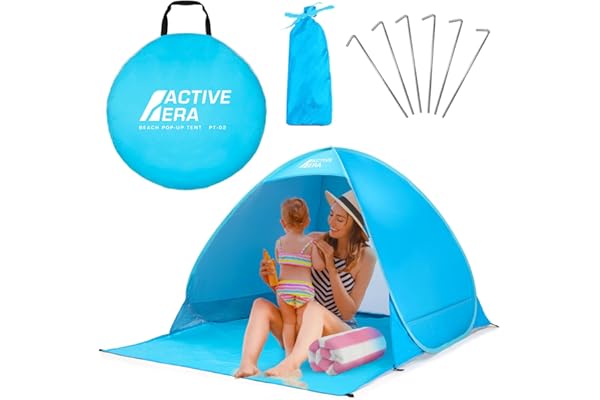 Active Era Tente de Plage Pop Up Déployable, Protection Solaire UV UPF 50+, Abri de Plage Anti UV 2-3 Personnes, avec Sac de Transport et Piquets - Bleu