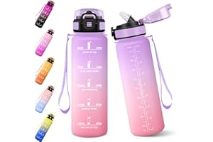BARAMUMU Botella Agua, 1000ML Con Paja, Botella Agua Deporte, Cantimplora Motivacional con Marcador de Tiempo, Cantimplora Gimnasio, A Prueba de Fugas para Oficina, Yoga, exterior - Lila claro&Rosa claro