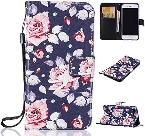 Yidaxing iPhone 7 PLUS Wallet Case, Premium PU Leather Flip Cover Colorful Pattern Design Shockproof Case with Hand Strap and Card Holder for iPhone 7 PLUS, Rose Flower