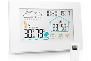 Stazione Meteorologica Wireless Quntis con Sensore Esterno, Igrometro Termometro Digitale con Temperatura, Umidità, Previsioni Meteo, Ora Locale, Sveglia, 3 Canali, Touch Screen per la Casa-Bianco
