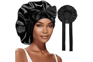 NICECONE Large Satin Bonnet Silk Bonnet for Sleeping, Silky Sleep Cap with Elastic Tie Jumbo Sleeping Cap with Adjustable Wide Soft Bands Night Cap for Women Girls Curly Hair (Black)