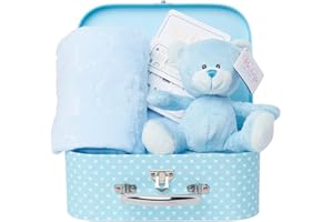 Baby Box Shop Newborn Baby Gift Set – Baby Hamper with Blue Teddy Bear, 16 x Milestone Cards & Soft Fleece Blanket – Ready to Gift for Baby Showers for Newborn Boys