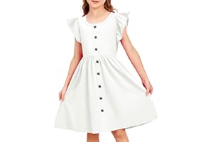 Arshiner Filles Robes à Volants Enfants été Coton Robe de Loisirs Bouton A-Line Col Rond Robe de fête pour Fille 4-14 Ans